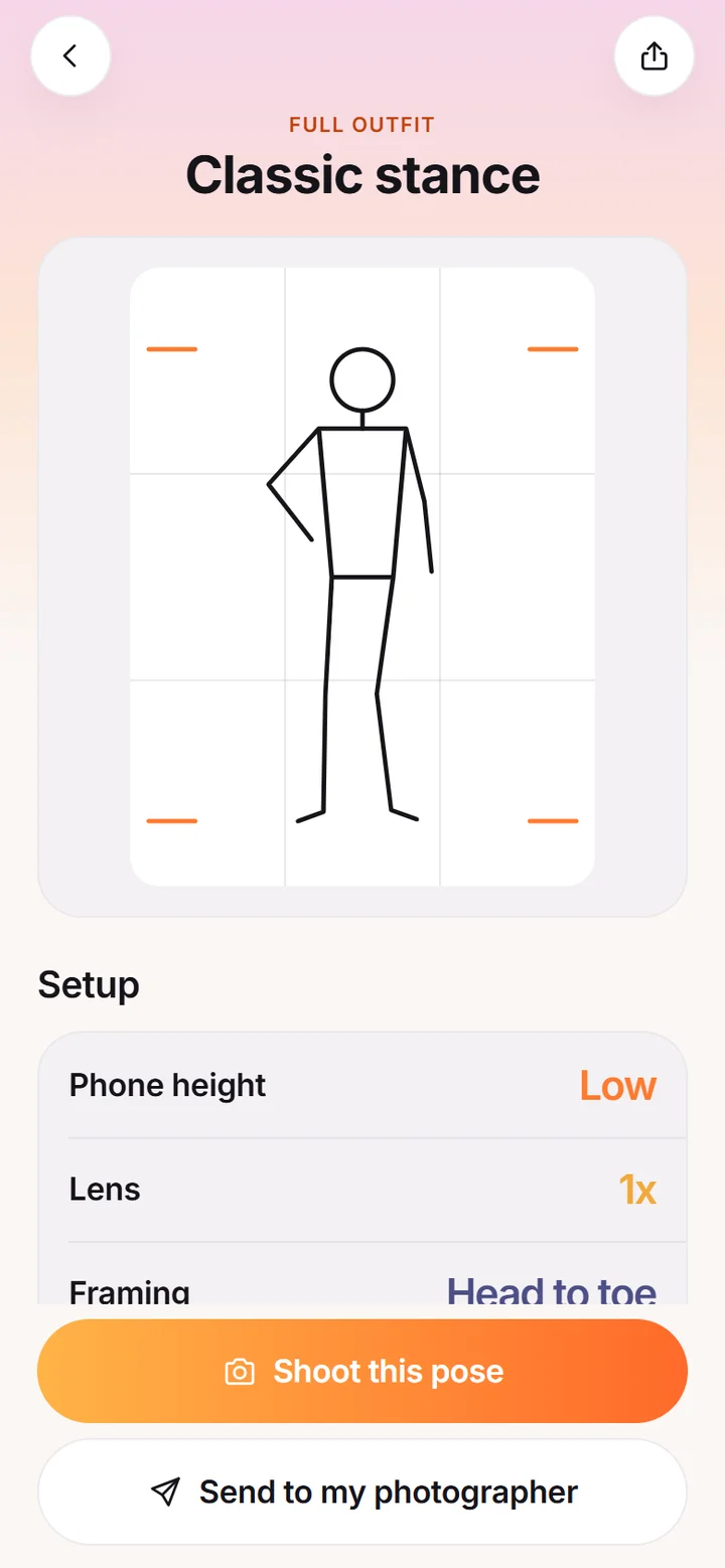 Pose detail with outline figure, thirds grid and phone setup options