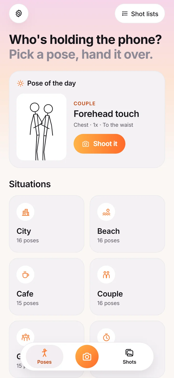Pose library home with pose of the day and situation categories