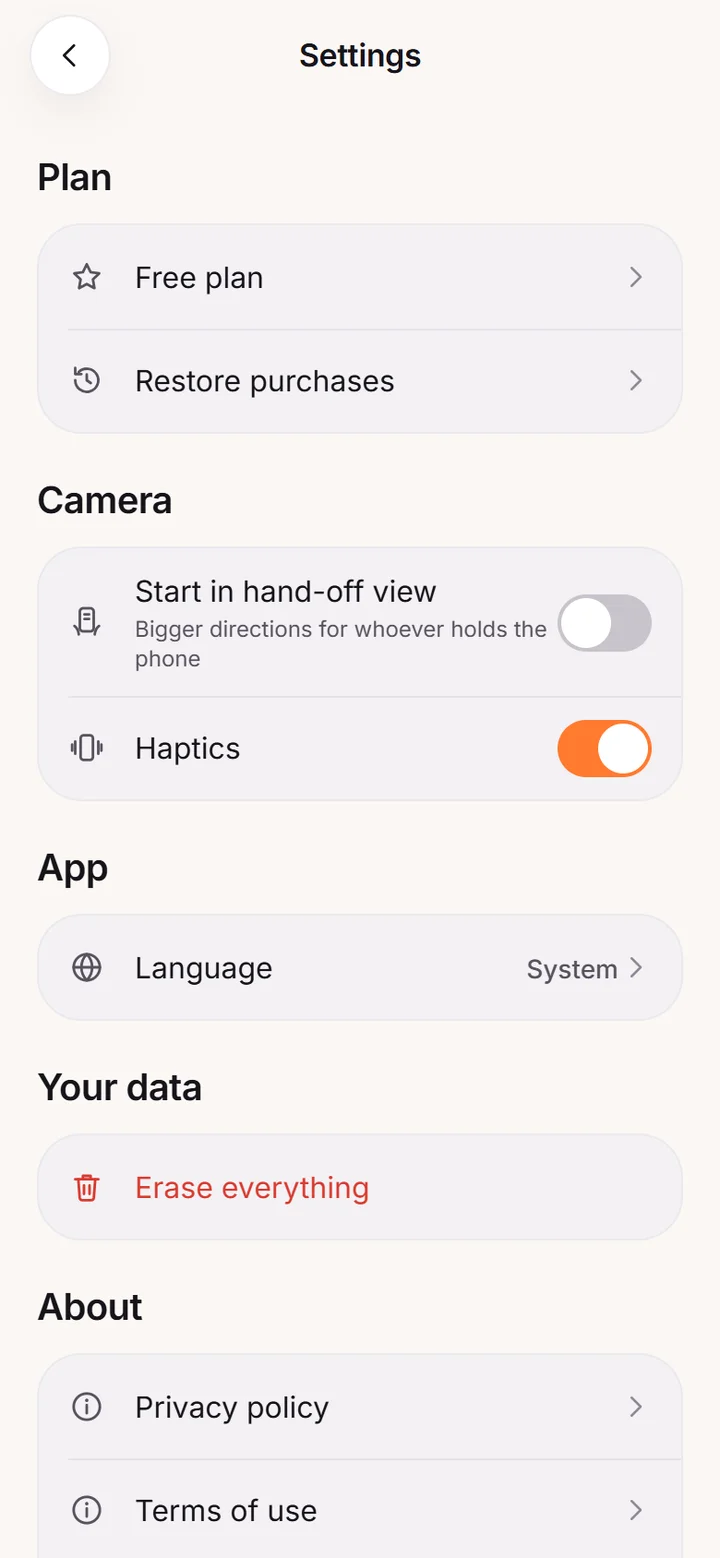 Settings with plan, camera, language and privacy options