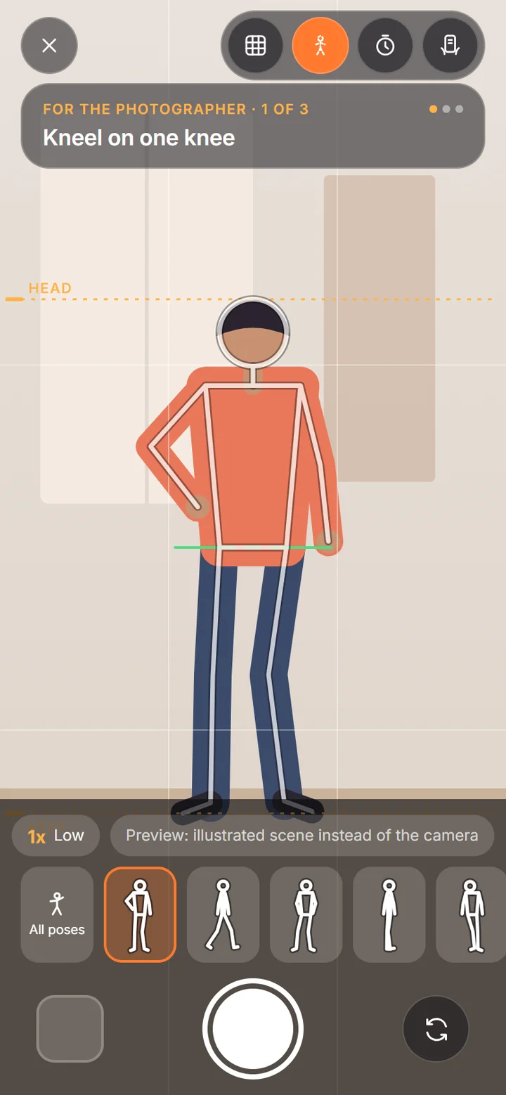 Camera guide with pose outline overlay, head line and pose picker
